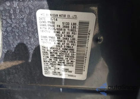 2014 Nissan Murano Sv from USA, damaged, VIN JN8AZ1MU2EW421479